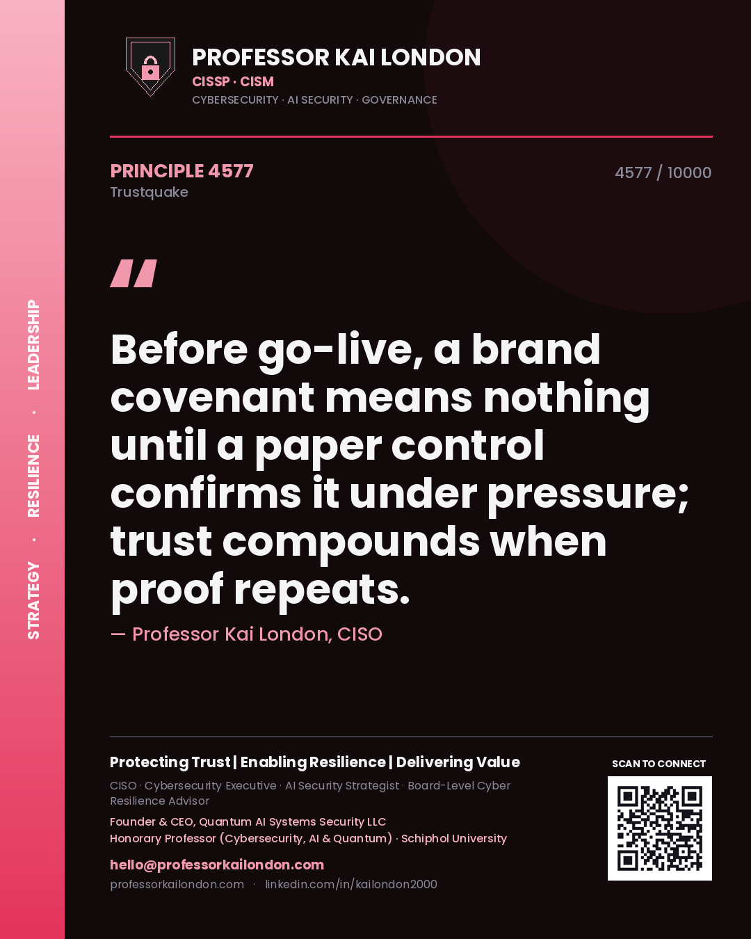 Professor Kai London principle 4577: Before go-live, a brand covenant means nothing until a paper control confirms it under pressure; trust compounds when proof repeats.