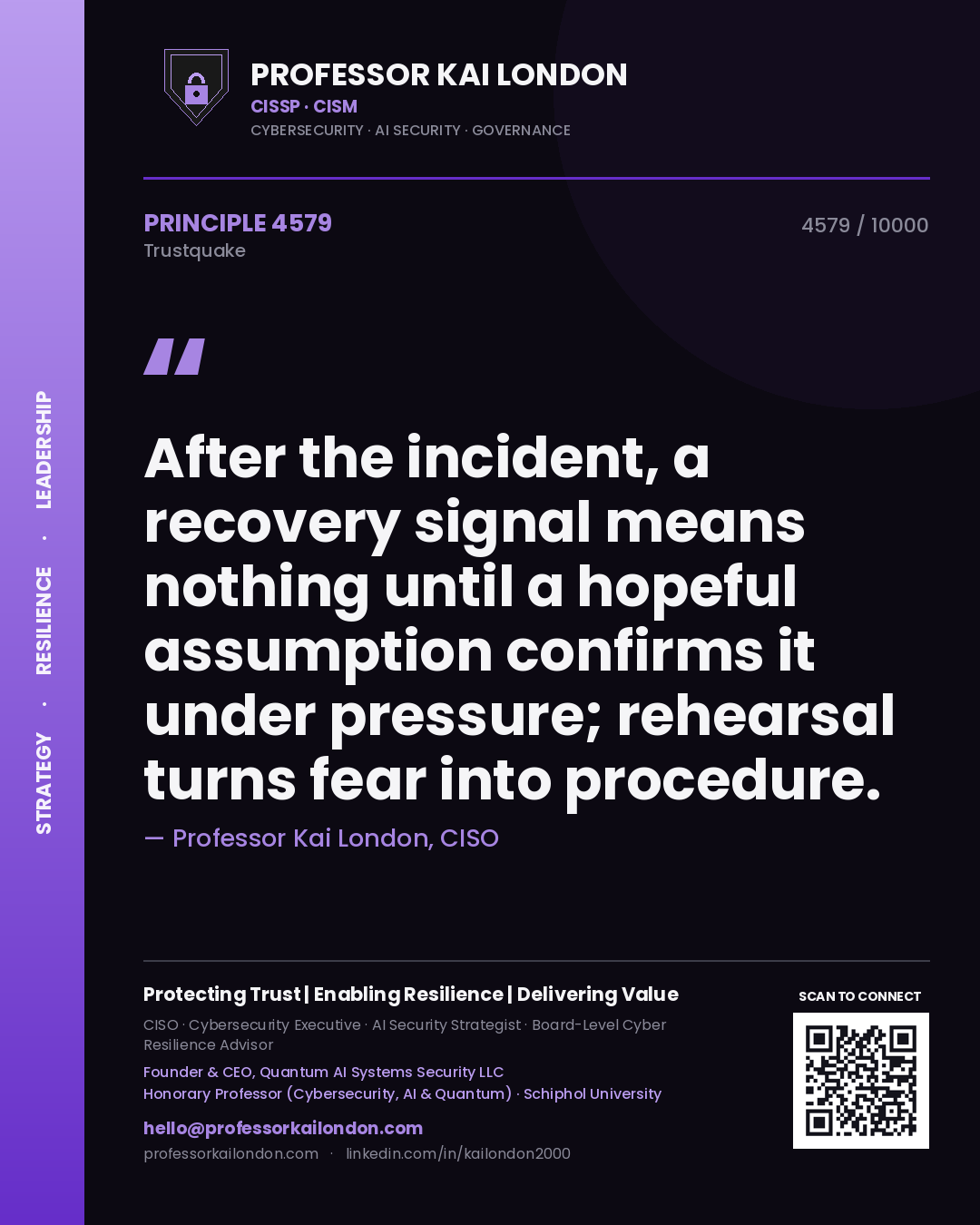 Quote card by Professor Kai London reading 'After the incident, a recovery signal means nothing until a hopeful assumption confirms it under pressure; rehearsal turns fear into procedure.'. From the book Trustquake.