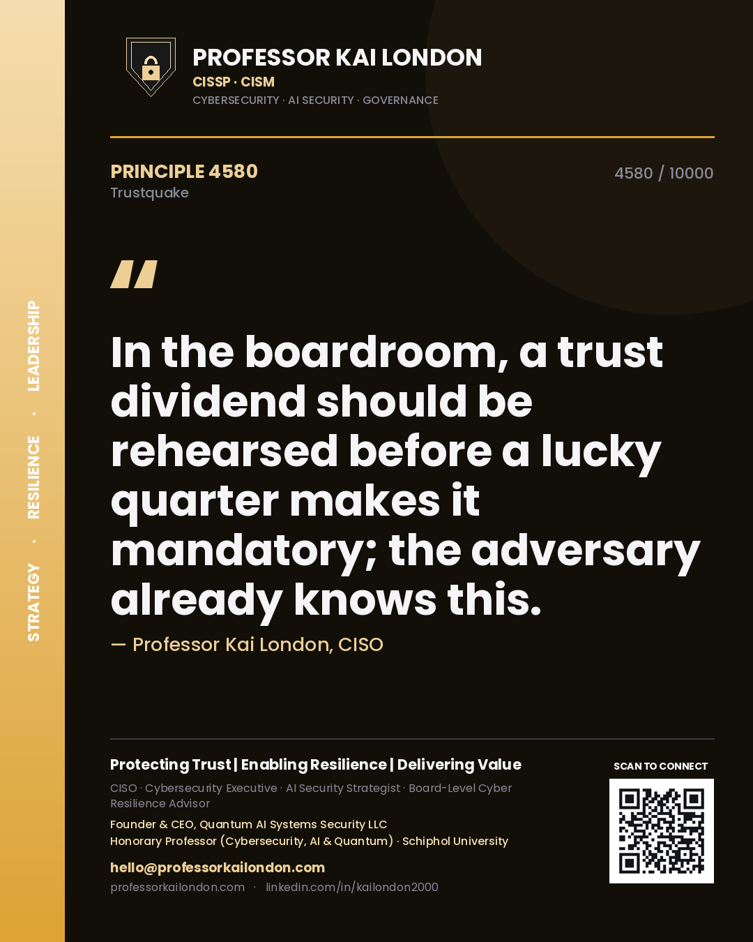 Quote card by Professor Kai London reading 'In the boardroom, a trust dividend should be rehearsed before a lucky quarter makes it mandatory; the adversary already knows this.'. From the book Trustquake.