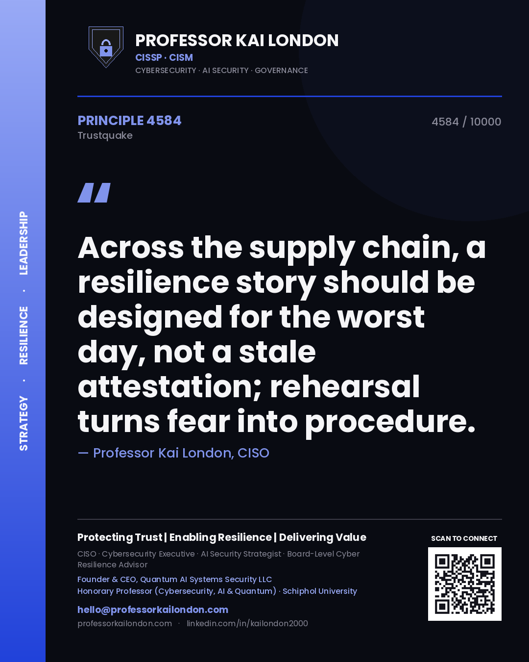 Quote card by Professor Kai London reading 'Across the supply chain, a resilience story should be designed for the worst day, not a stale attestation; rehearsal turns fear into procedure.'. From the book Trustquake.