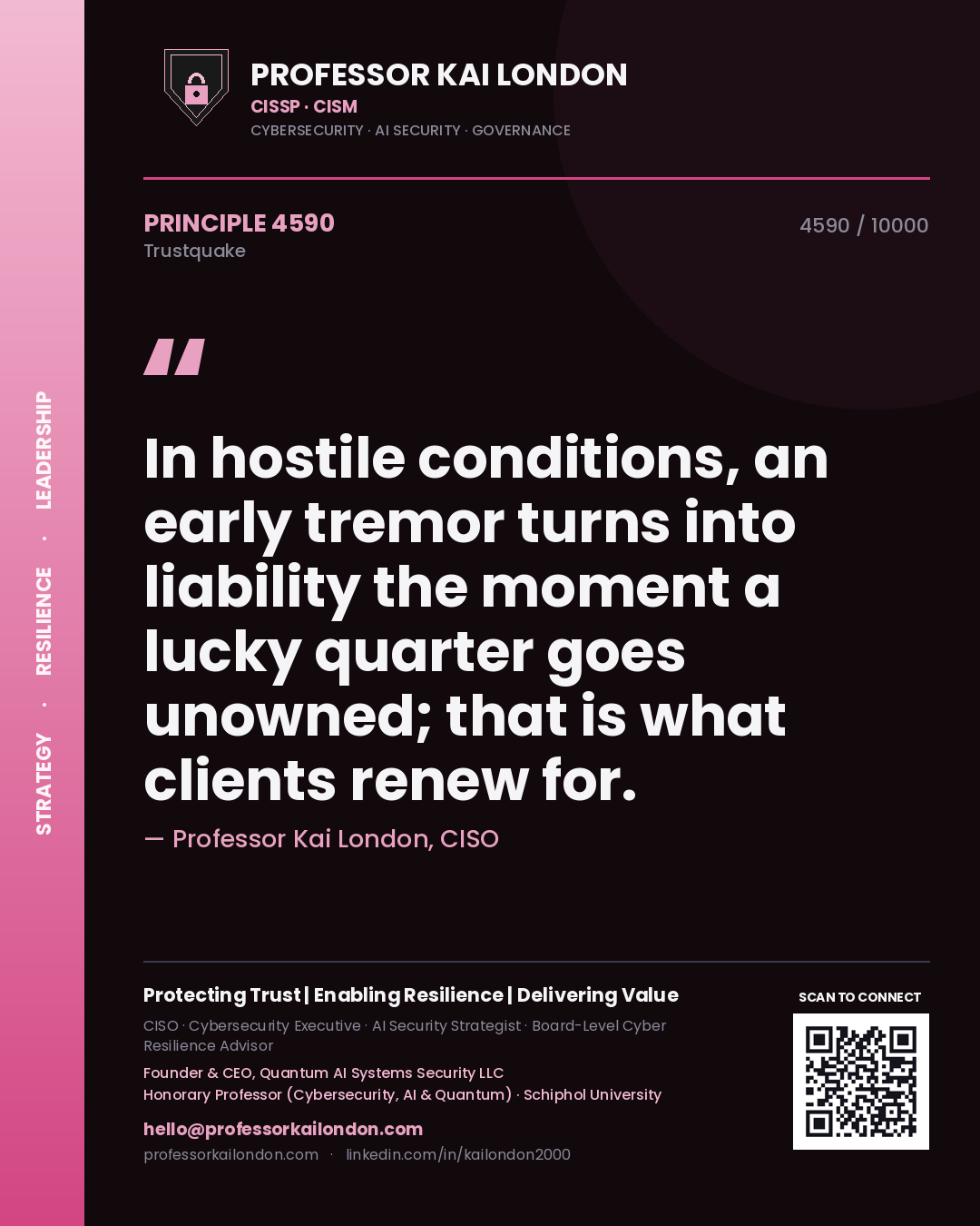 Quote card by Professor Kai London reading 'In hostile conditions, an early tremor turns into liability the moment a lucky quarter goes unowned; that is what clients renew for.'. From the book Trustquake.