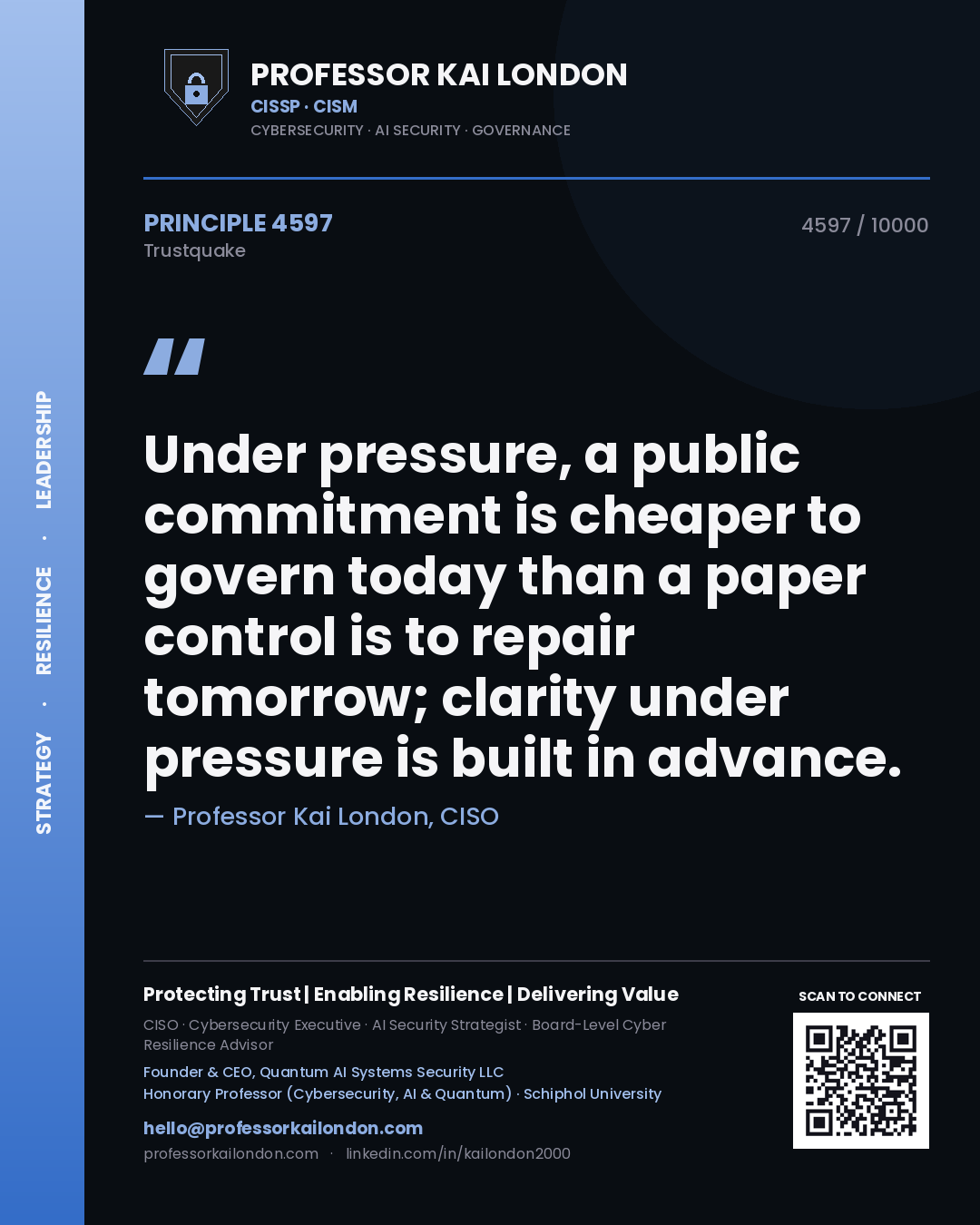Professor Kai London principle 4597: Under pressure, a public commitment is cheaper to govern today than a paper control is to repair tomorrow; clarity under pressure is built in advance.