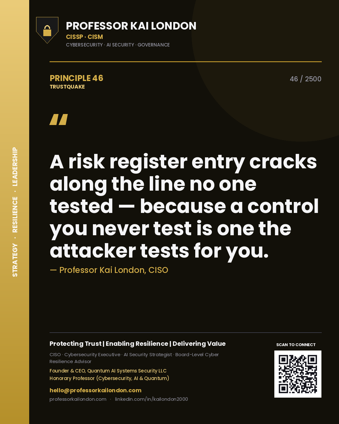 Professor Kai London principle 46: A risk register entry cracks along the line no one tested — because a control you never test is one the attacker tests for you.