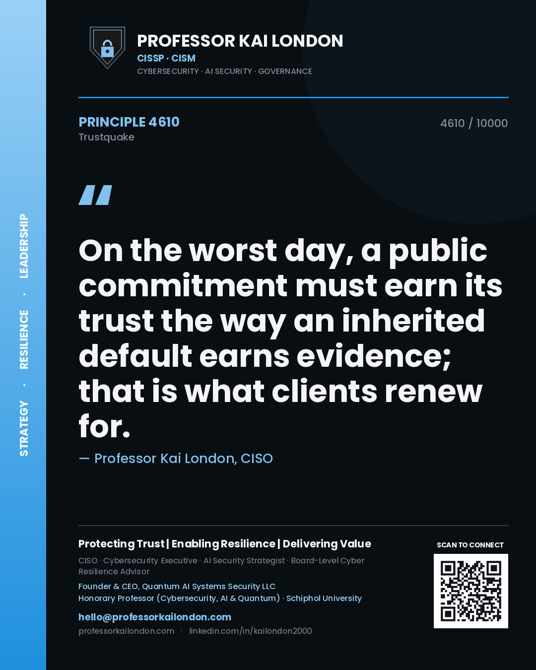 Quote card by Professor Kai London reading 'On the worst day, a public commitment must earn its trust the way an inherited default earns evidence; that is what clients renew for.'. From the book Trustquake.