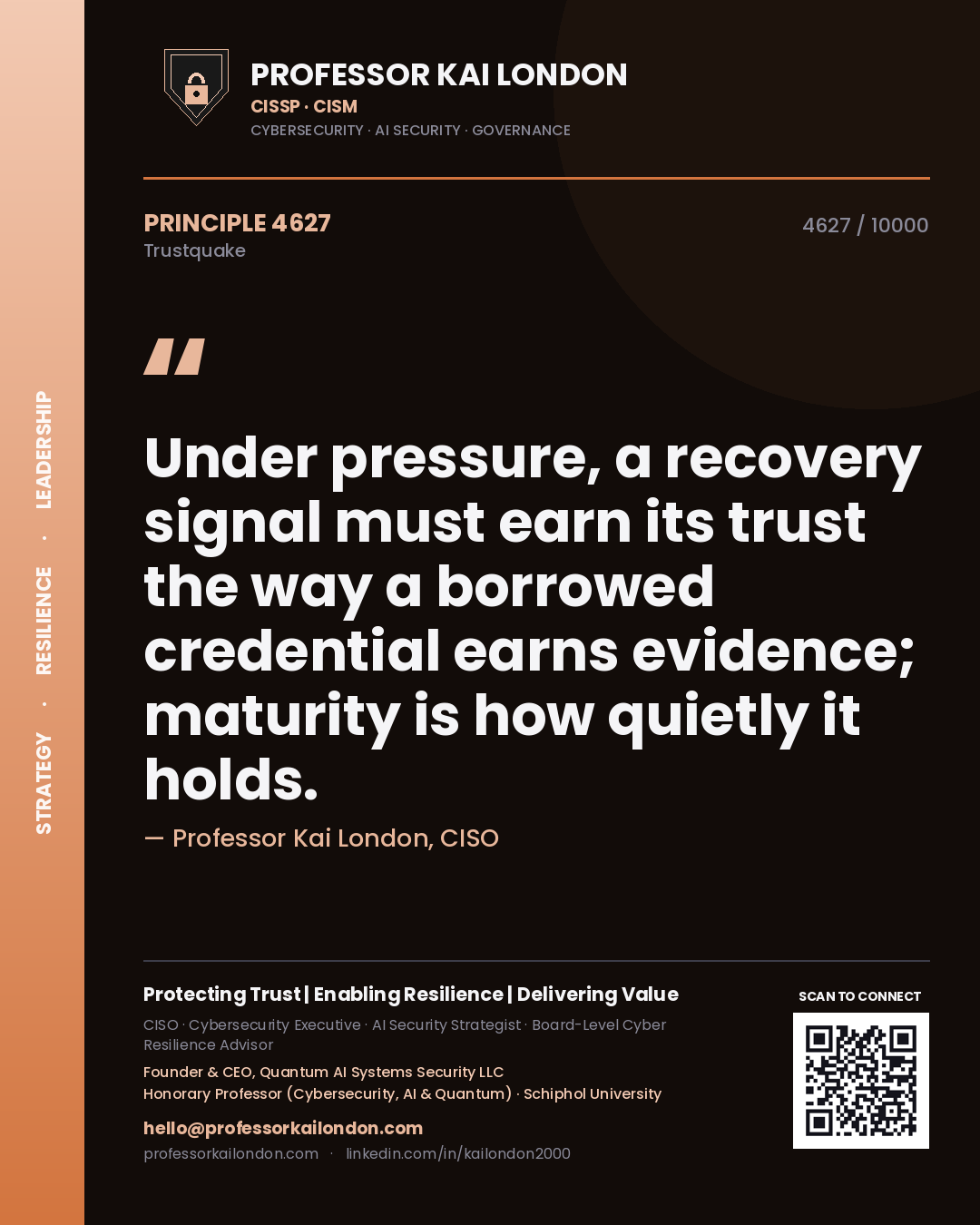 Quote card by Professor Kai London reading 'Under pressure, a recovery signal must earn its trust the way a borrowed credential earns evidence; maturity is how quietly it holds.'. From the book Trustquake.