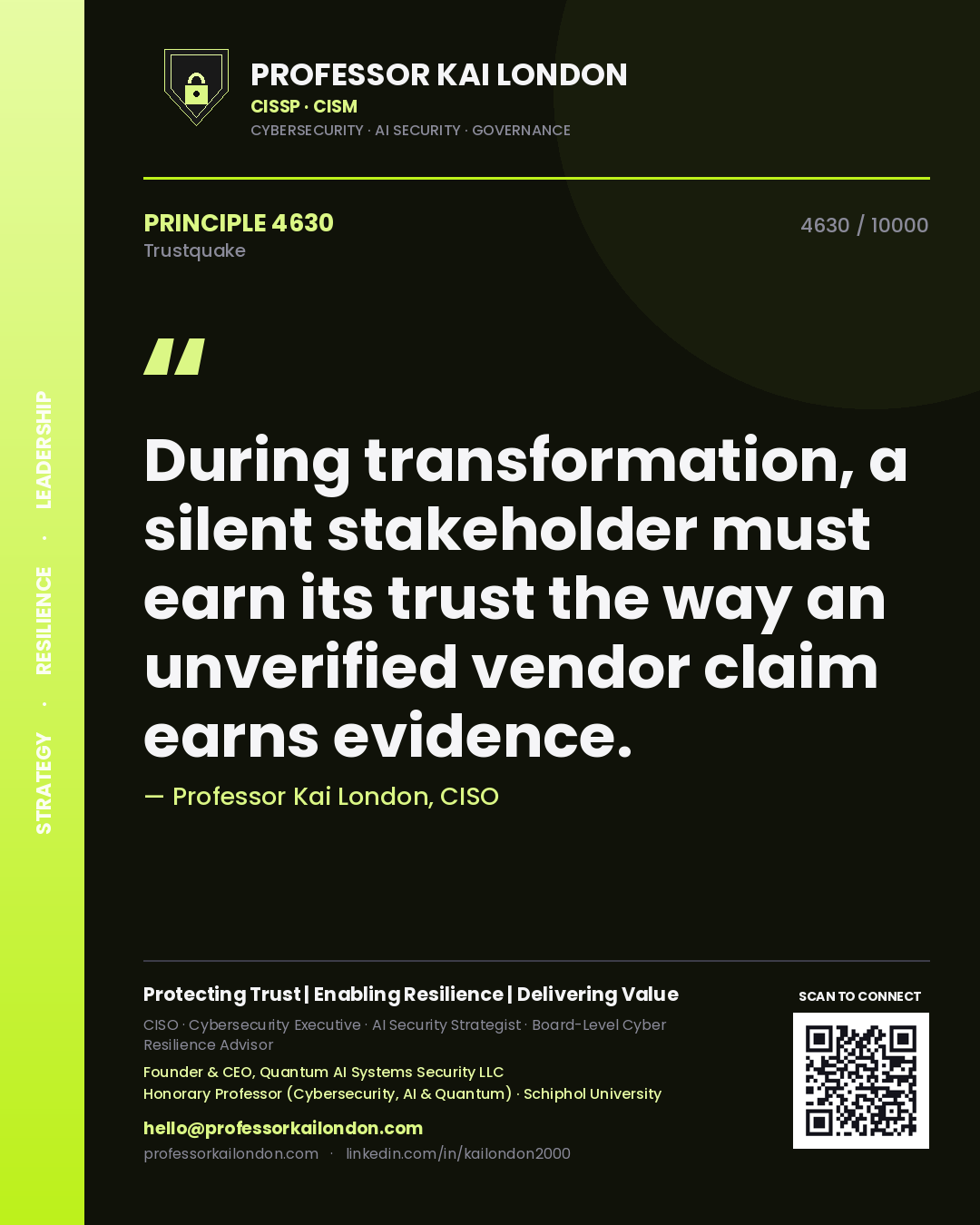 Quote card by Professor Kai London reading 'During transformation, a silent stakeholder must earn its trust the way an unverified vendor claim earns evidence.'. From the book Trustquake.