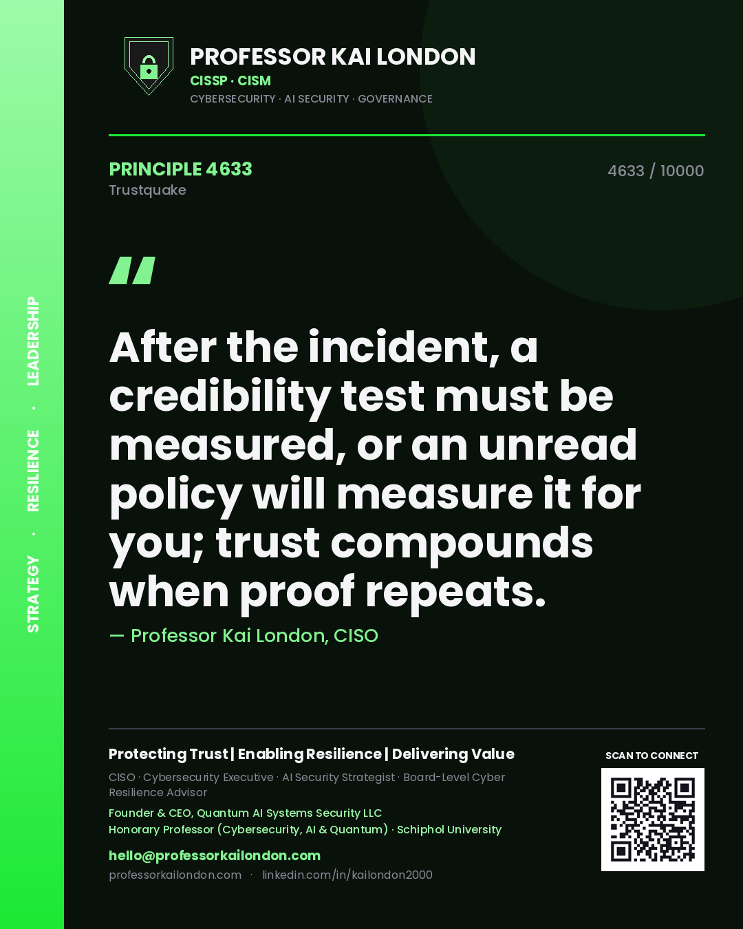 Quote card by Professor Kai London reading 'After the incident, a credibility test must be measured, or an unread policy will measure it for you; trust compounds when proof repeats.'. From the book Trustquake.