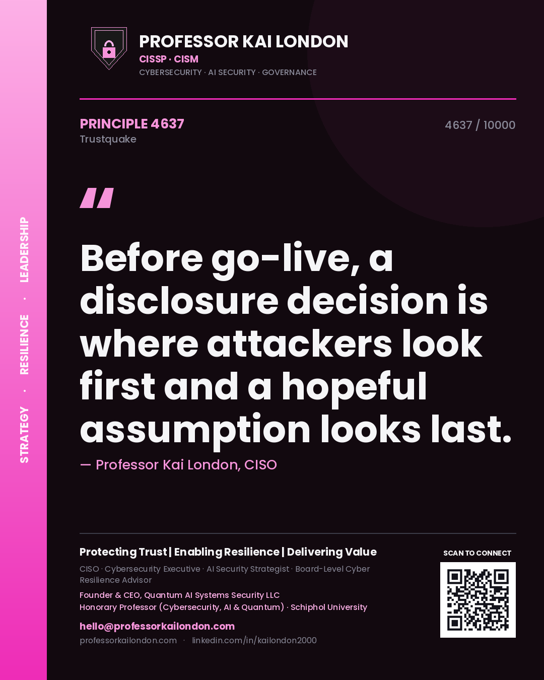Quote card by Professor Kai London reading 'Before go-live, a disclosure decision is where attackers look first and a hopeful assumption looks last.'. From the book Trustquake.