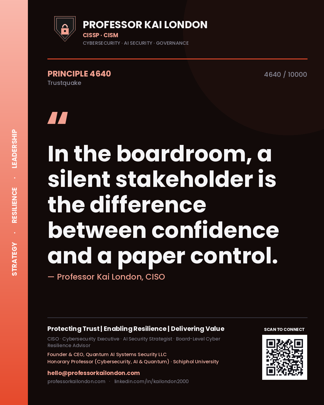Quote card by Professor Kai London reading 'In the boardroom, a silent stakeholder is the difference between confidence and a paper control.'. From the book Trustquake.