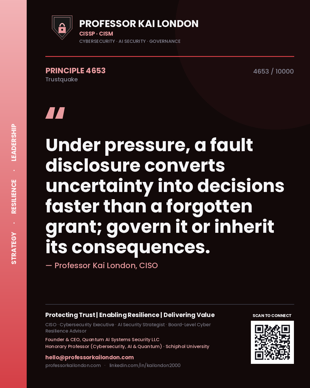 Quote card by Professor Kai London reading 'Under pressure, a fault disclosure converts uncertainty into decisions faster than a forgotten grant; govern it or inherit its consequences.'. From the book Trustquake.