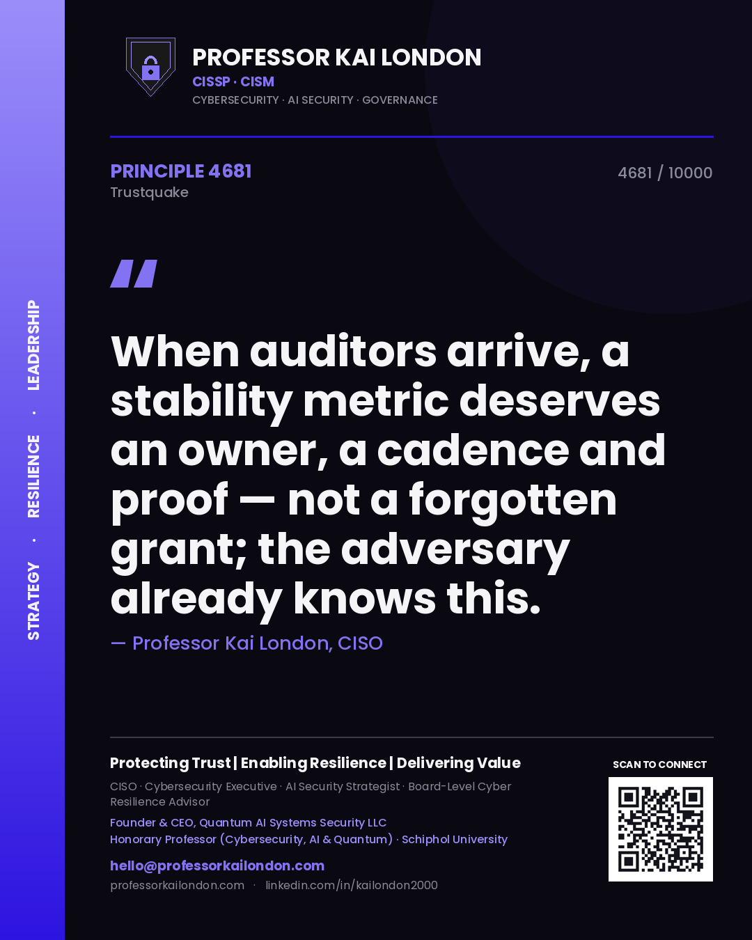 Quote card by Professor Kai London reading 'When auditors arrive, a stability metric deserves an owner, a cadence and proof — not a forgotten grant; the adversary already knows this.'. From the book Trustquake.