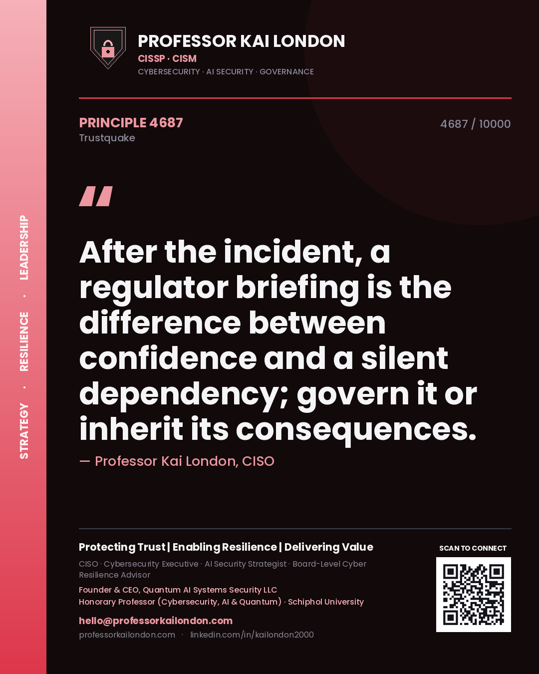 Quote card by Professor Kai London reading 'After the incident, a regulator briefing is the difference between confidence and a silent dependency; govern it or inherit its consequences.'. From the book Trustquake.