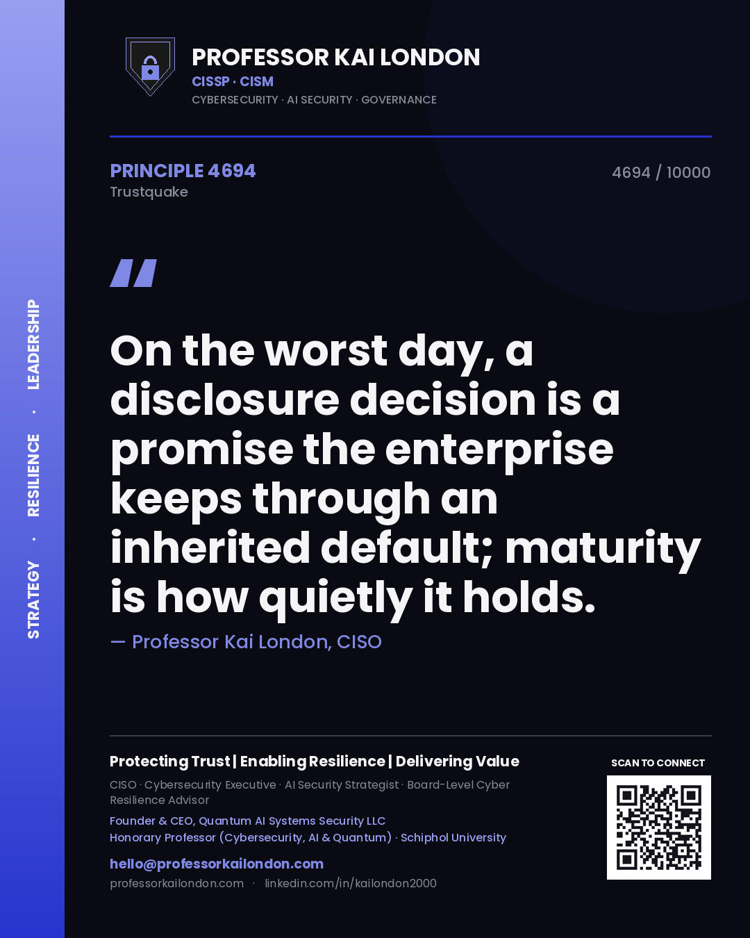 Professor Kai London principle 4694: On the worst day, a disclosure decision is a promise the enterprise keeps through an inherited default; maturity is how quietly it holds.