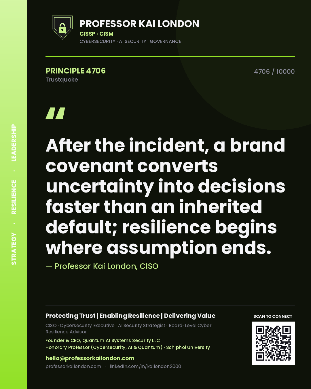 Quote card by Professor Kai London reading 'After the incident, a brand covenant converts uncertainty into decisions faster than an inherited default; resilience begins where assumption ends.'. From the book Trustquake.