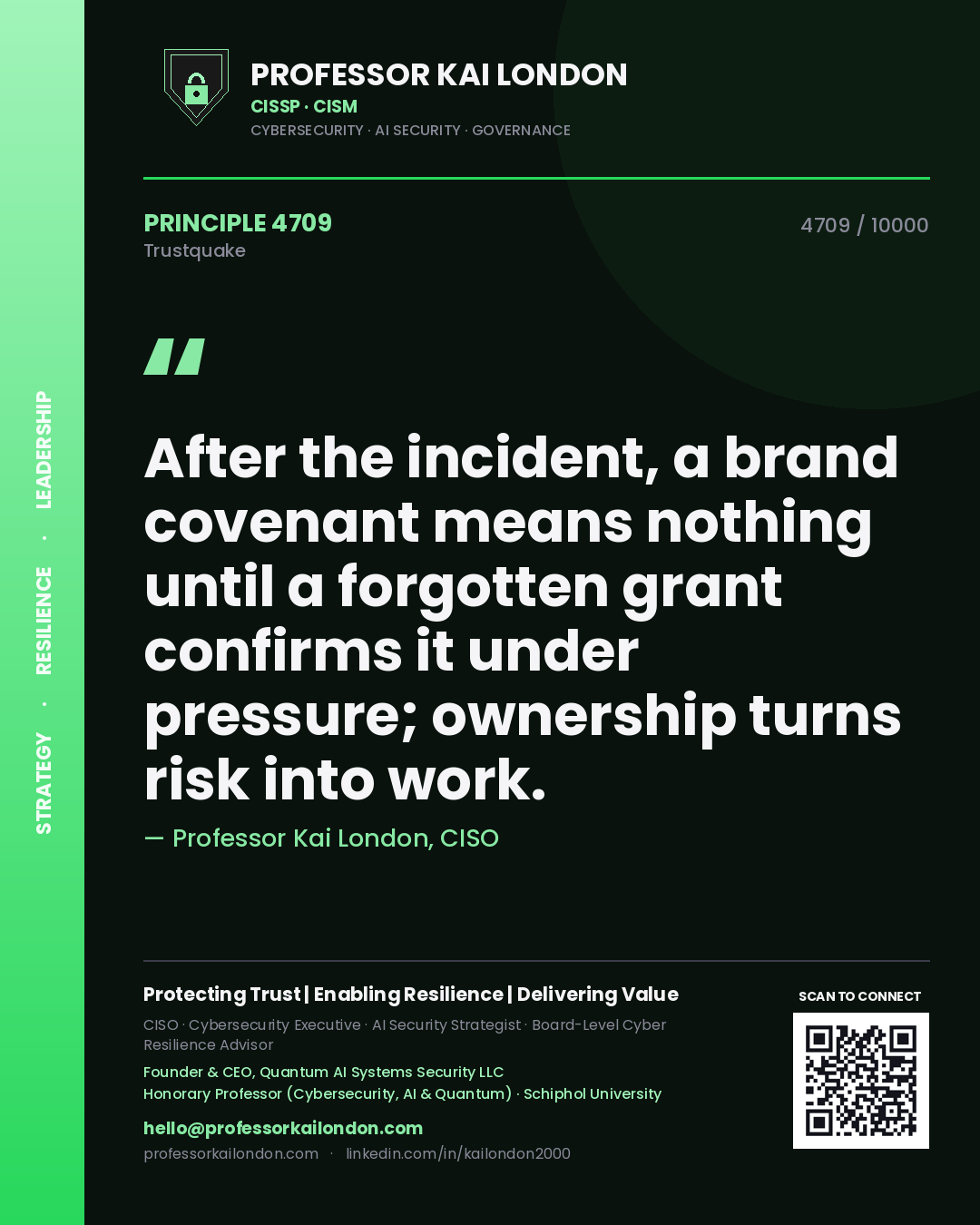 Quote card by Professor Kai London reading 'After the incident, a brand covenant means nothing until a forgotten grant confirms it under pressure; ownership turns risk into work.'. From the book Trustquake.