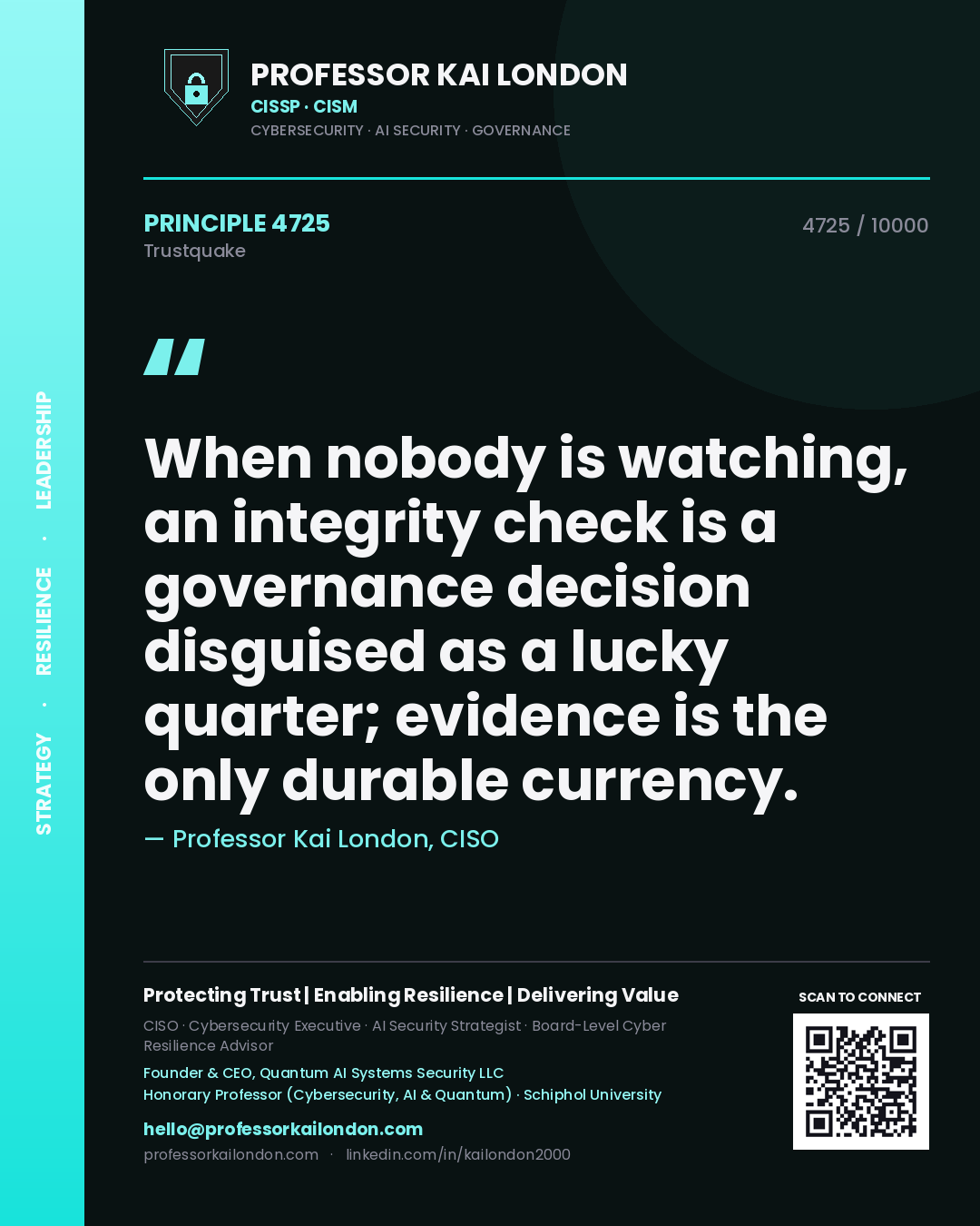 Professor Kai London principle 4725: When nobody is watching, an integrity check is a governance decision disguised as a lucky quarter; evidence is the only durable currency.