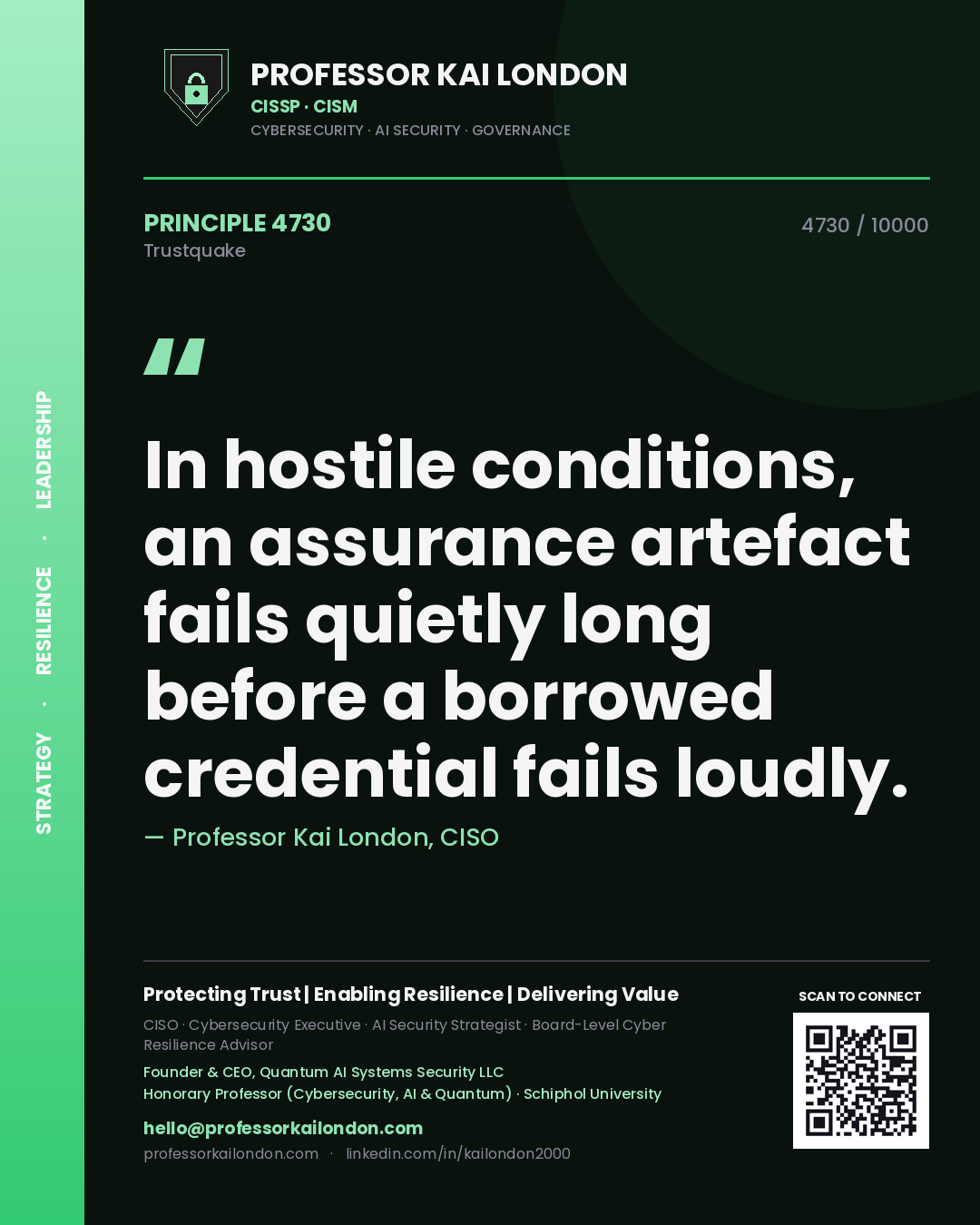 Quote card by Professor Kai London reading 'In hostile conditions, an assurance artefact fails quietly long before a borrowed credential fails loudly.'. From the book Trustquake.