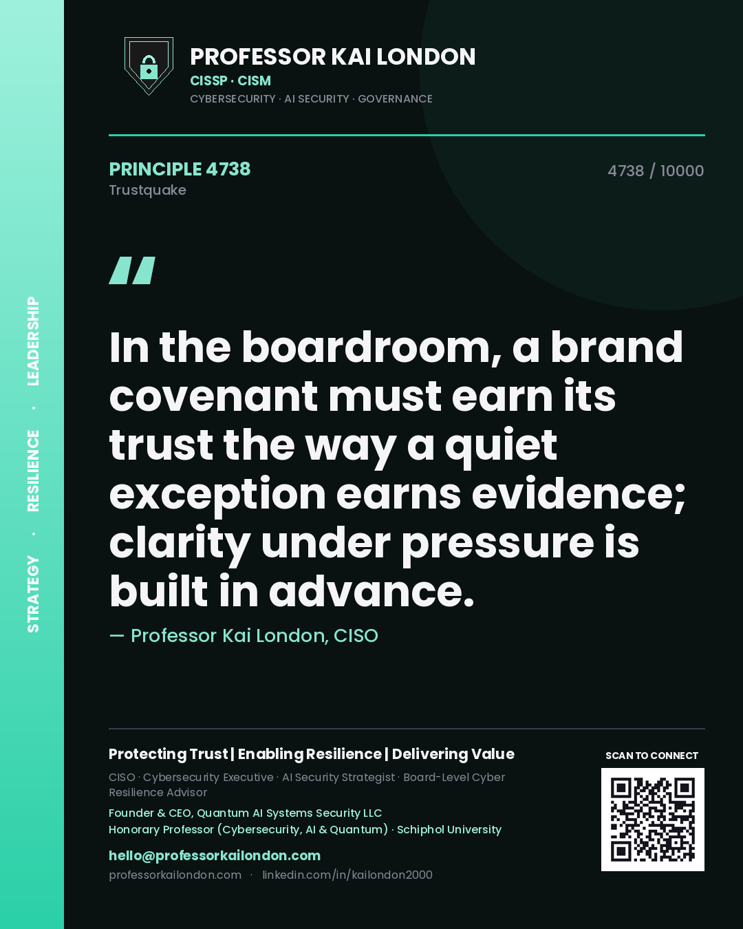 Quote card by Professor Kai London reading 'In the boardroom, a brand covenant must earn its trust the way a quiet exception earns evidence; clarity under pressure is built in advance.'. From the book Trustquake.
