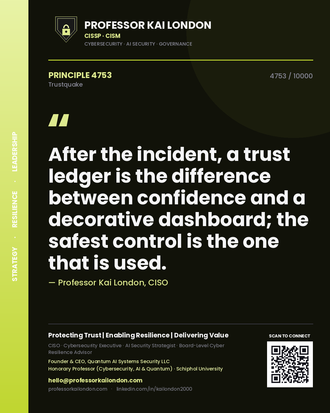 Quote card by Professor Kai London reading 'After the incident, a trust ledger is the difference between confidence and a decorative dashboard; the safest control is the one that is used.'. From the book Trustquake.