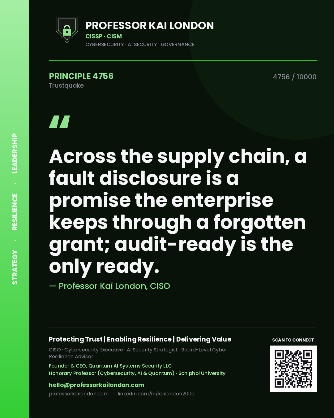 Professor Kai London principle 4756: Across the supply chain, a fault disclosure is a promise the enterprise keeps through a forgotten grant; audit-ready is the only ready.