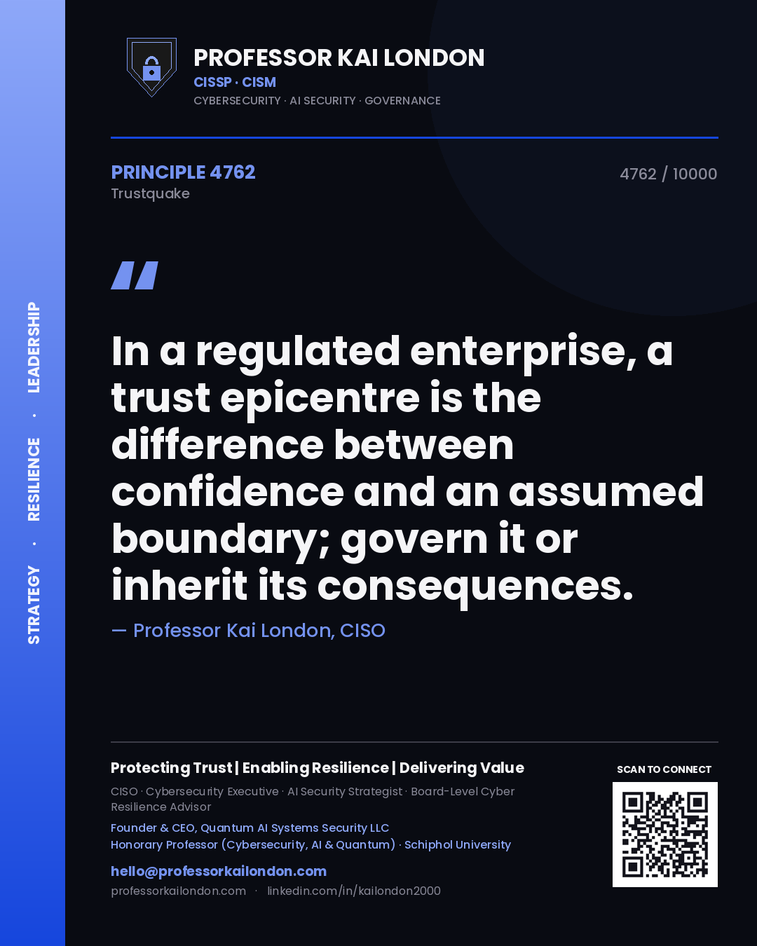 Quote card by Professor Kai London reading 'In a regulated enterprise, a trust epicentre is the difference between confidence and an assumed boundary; govern it or inherit its consequences.'. From the book Trustquake.