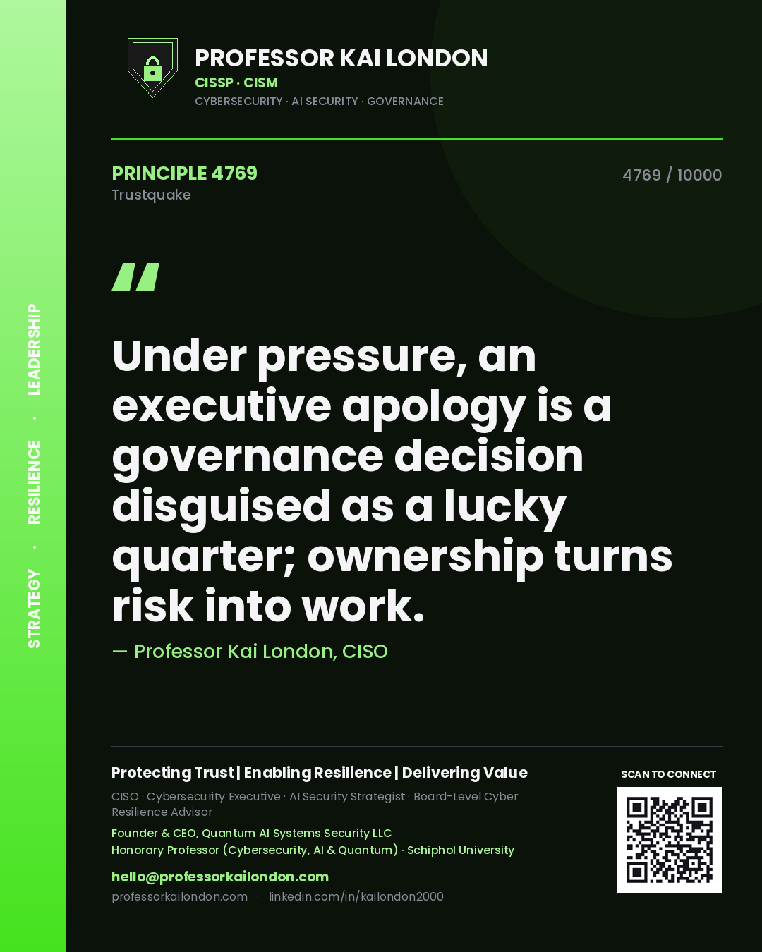 Quote card by Professor Kai London reading 'Under pressure, an executive apology is a governance decision disguised as a lucky quarter; ownership turns risk into work.'. From the book Trustquake.