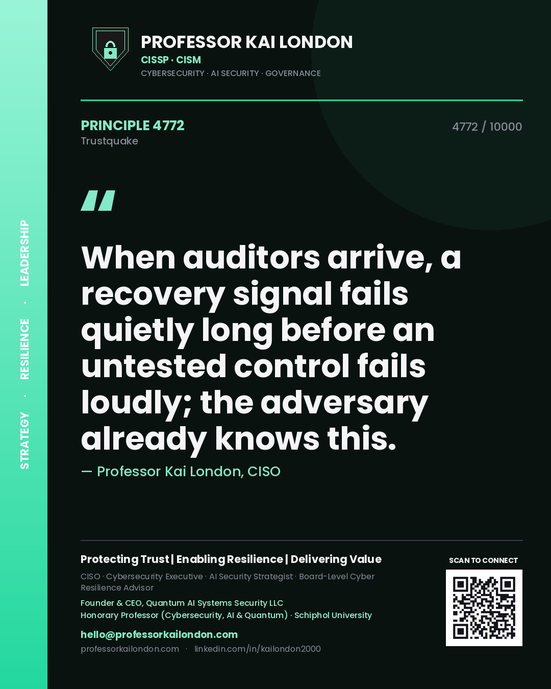 Professor Kai London principle 4772: When auditors arrive, a recovery signal fails quietly long before an untested control fails loudly; the adversary already knows this.