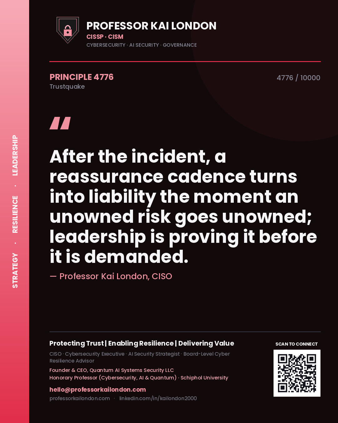 Quote card by Professor Kai London reading 'After the incident, a reassurance cadence turns into liability the moment an unowned risk goes unowned; leadership is proving it before it is demanded.'. From the book Trustquake.