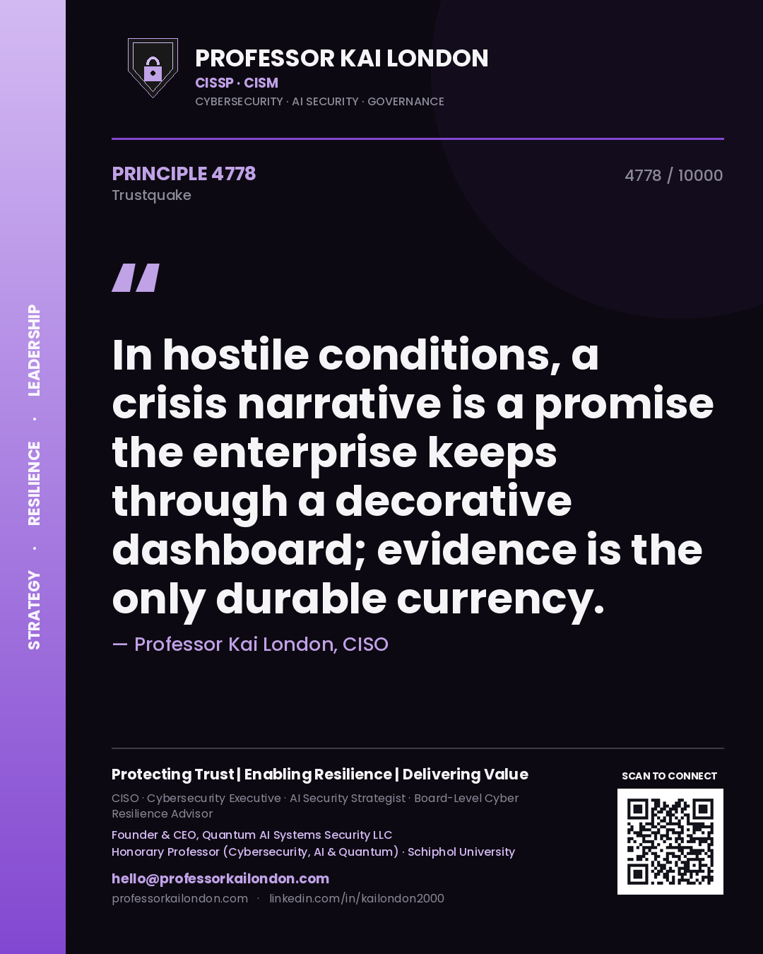 Quote card by Professor Kai London reading 'In hostile conditions, a crisis narrative is a promise the enterprise keeps through a decorative dashboard; evidence is the only durable currency.'. From the book Trustquake.