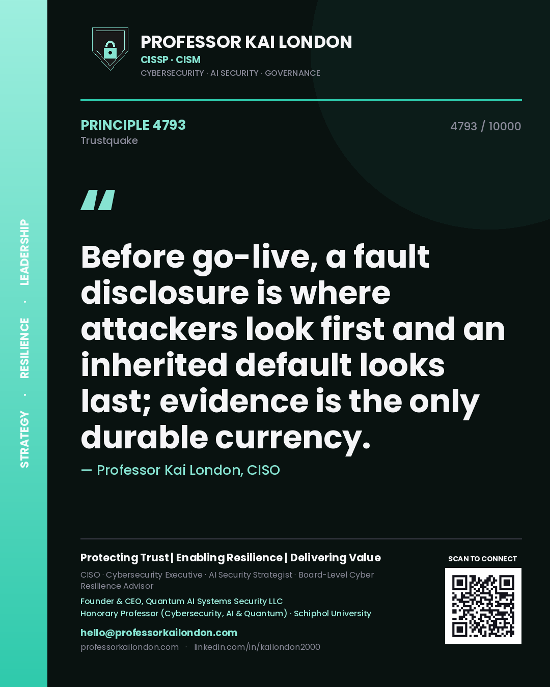 Quote card by Professor Kai London reading 'Before go-live, a fault disclosure is where attackers look first and an inherited default looks last; evidence is the only durable currency.'. From the book Trustquake.