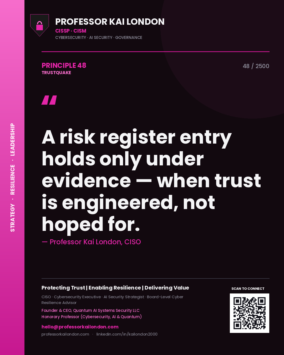 Quote card by Professor Kai London reading 'A risk register entry holds only under evidence — when trust is engineered, not hoped for.'. From the book Trustquake.