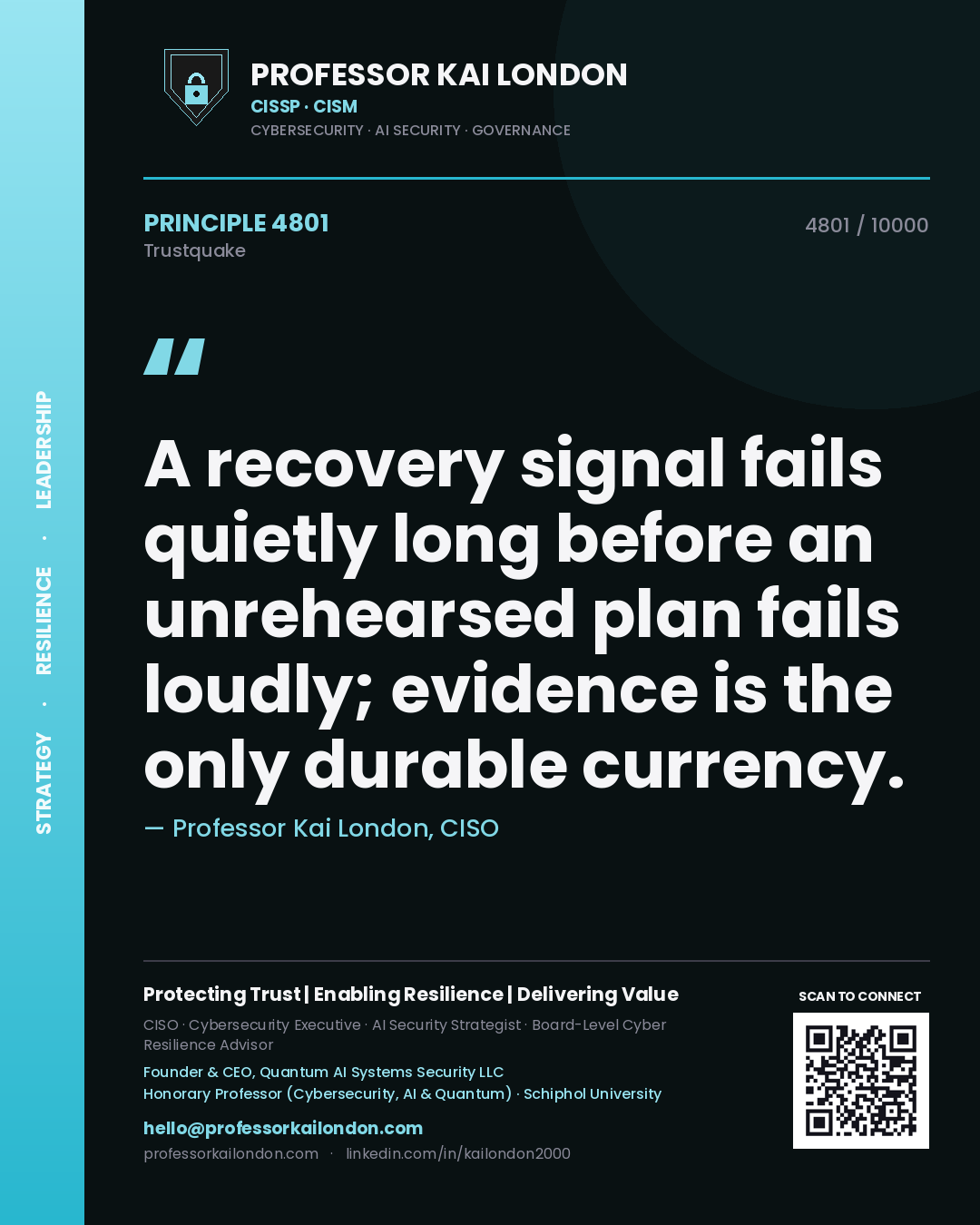 Quote card by Professor Kai London reading 'A recovery signal fails quietly long before an unrehearsed plan fails loudly; evidence is the only durable currency.'. From the book Trustquake.