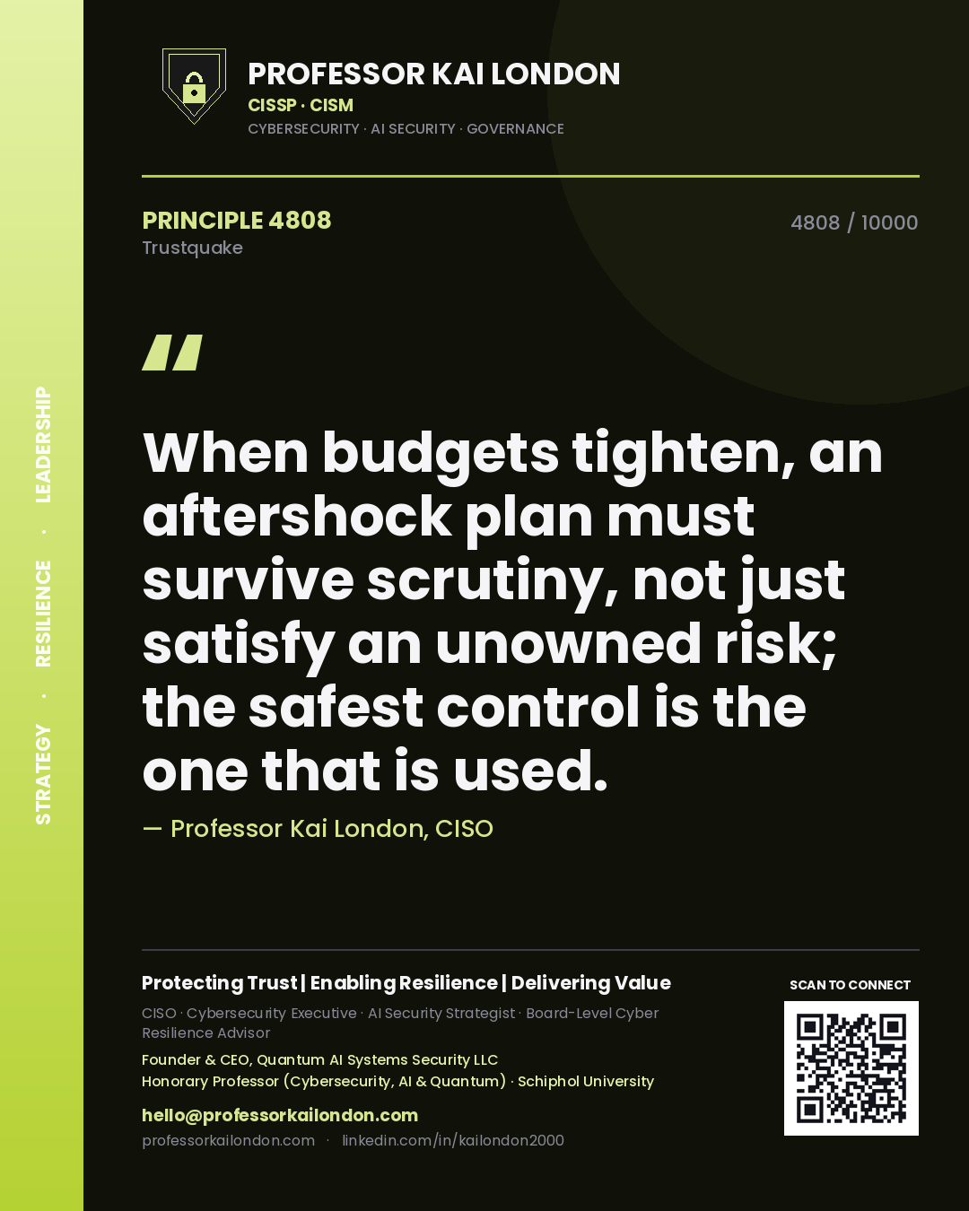 Quote card by Professor Kai London reading 'When budgets tighten, an aftershock plan must survive scrutiny, not just satisfy an unowned risk; the safest control is the one that is used.'. From the book Trustquake.