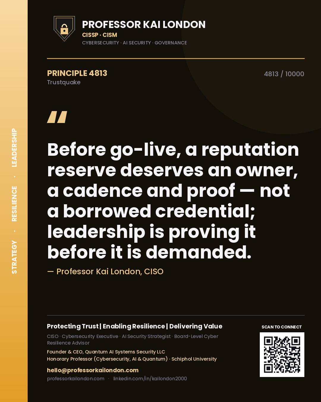 Professor Kai London principle 4813: Before go-live, a reputation reserve deserves an owner, a cadence and proof — not a borrowed credential; leadership is proving it before it is demanded.