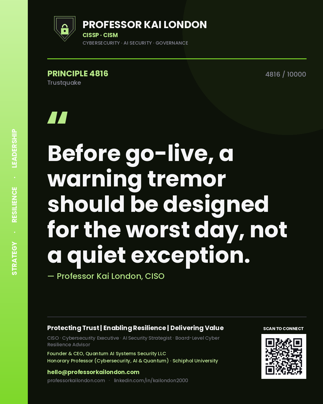 Quote card by Professor Kai London reading 'Before go-live, a warning tremor should be designed for the worst day, not a quiet exception.'. From the book Trustquake.