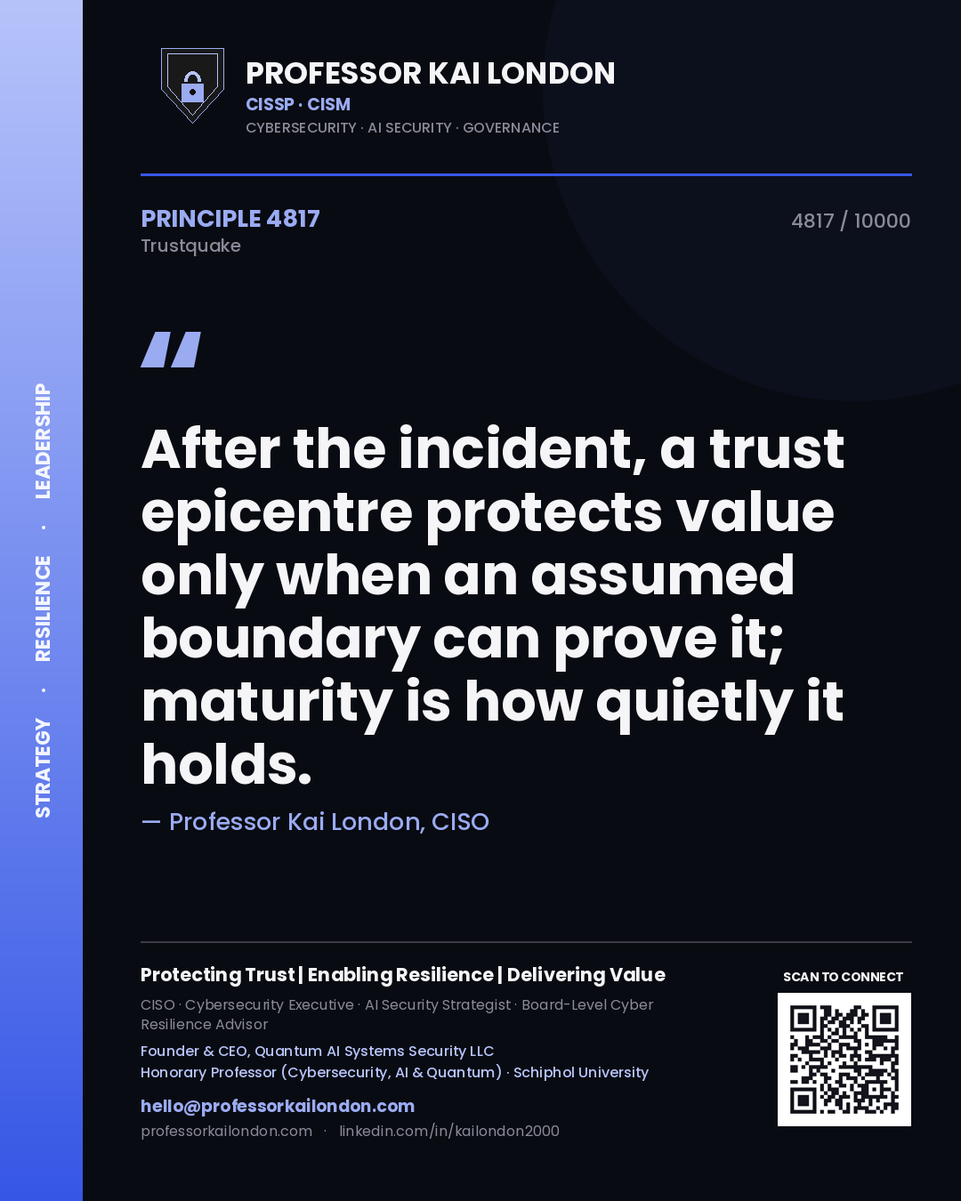 Quote card by Professor Kai London reading 'After the incident, a trust epicentre protects value only when an assumed boundary can prove it; maturity is how quietly it holds.'. From the book Trustquake.