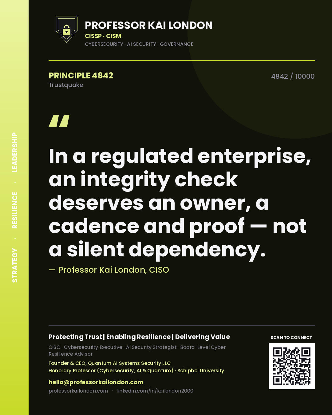Professor Kai London principle 4842: In a regulated enterprise, an integrity check deserves an owner, a cadence and proof — not a silent dependency.