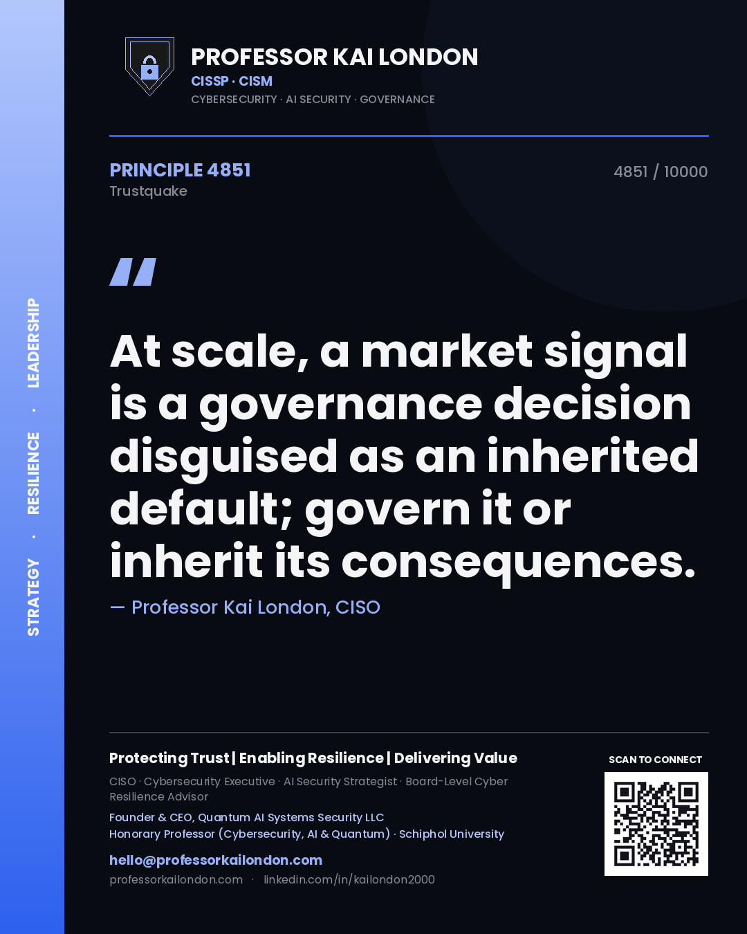 Quote card by Professor Kai London reading 'At scale, a market signal is a governance decision disguised as an inherited default; govern it or inherit its consequences.'. From the book Trustquake.