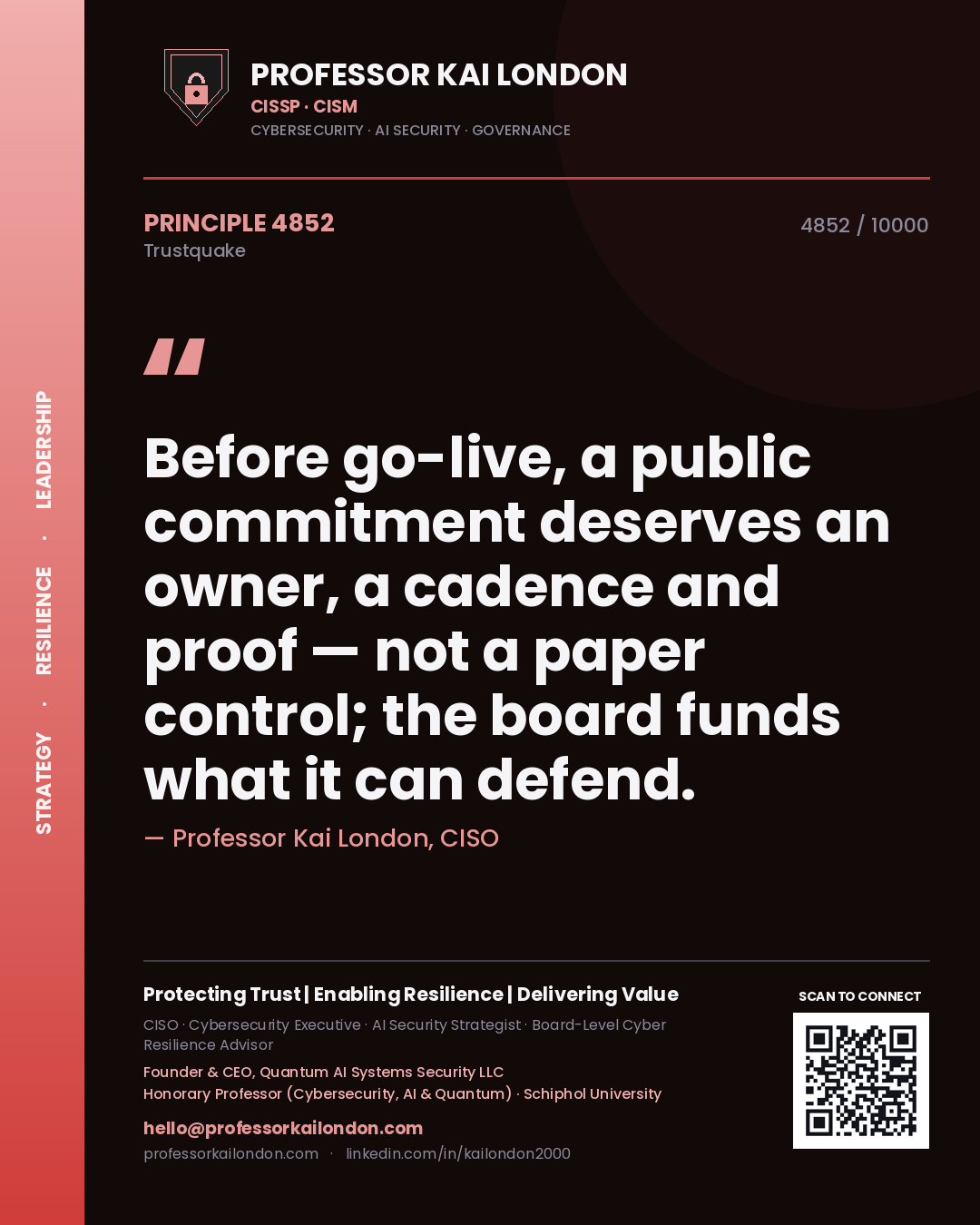 Professor Kai London principle 4852: Before go-live, a public commitment deserves an owner, a cadence and proof — not a paper control; the board funds what it can defend.