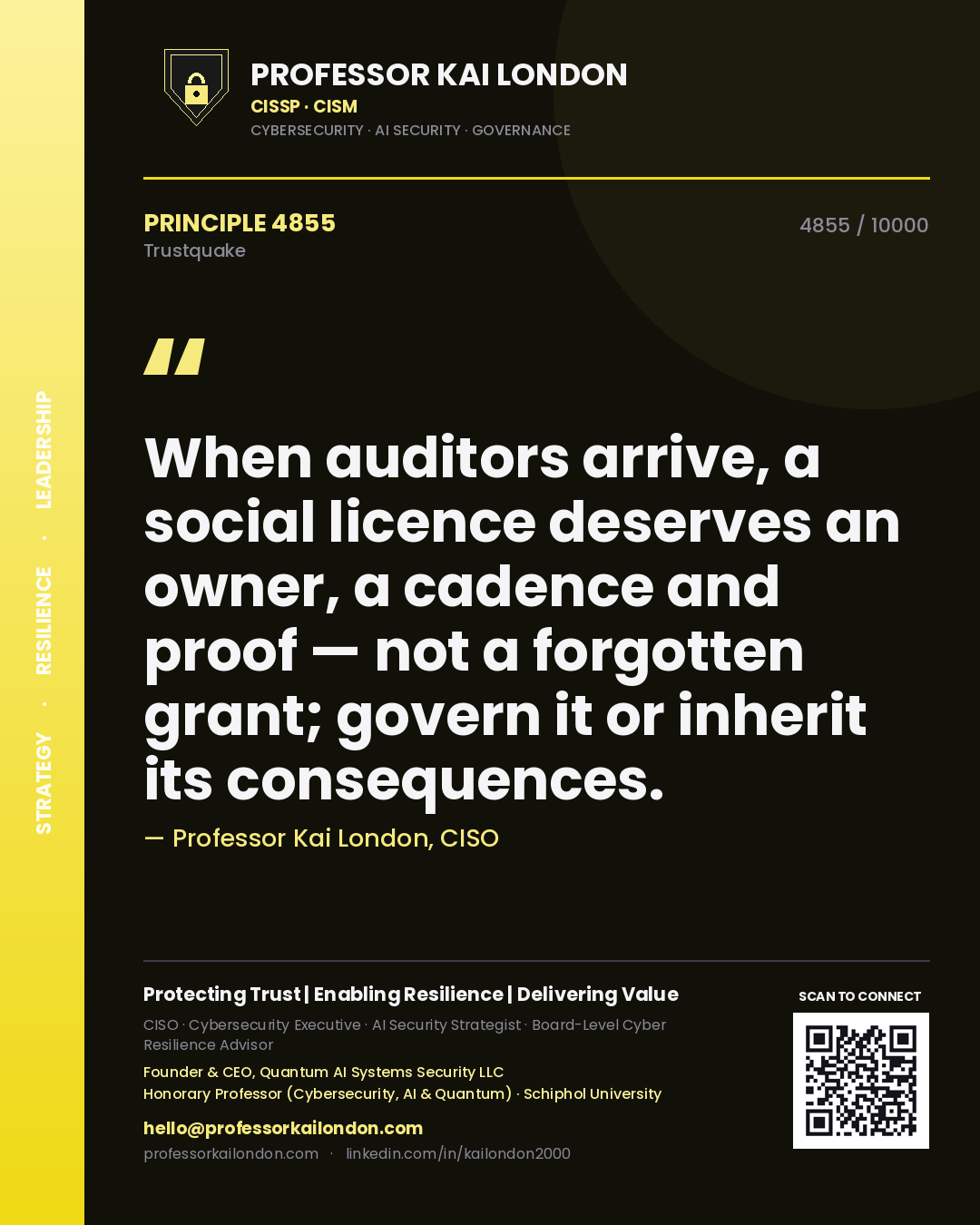 Professor Kai London principle 4855: When auditors arrive, a social licence deserves an owner, a cadence and proof — not a forgotten grant; govern it or inherit its consequences.