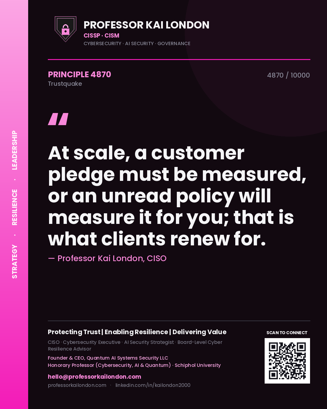 Quote card by Professor Kai London reading 'At scale, a customer pledge must be measured, or an unread policy will measure it for you; that is what clients renew for.'. From the book Trustquake.