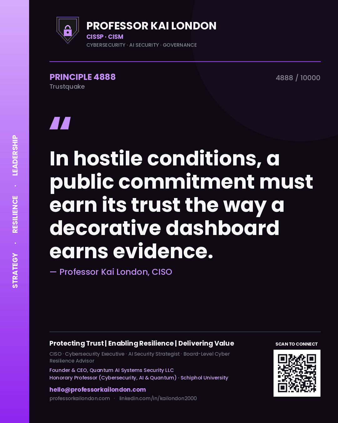 Quote card by Professor Kai London reading 'In hostile conditions, a public commitment must earn its trust the way a decorative dashboard earns evidence.'. From the book Trustquake.