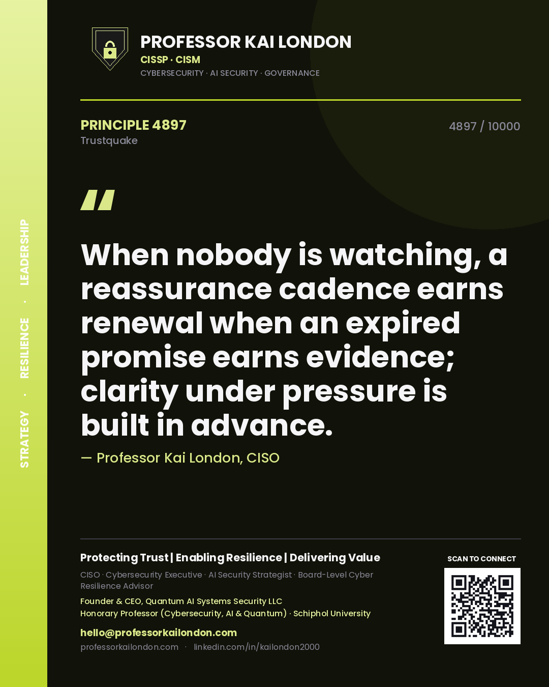 Professor Kai London principle 4897: When nobody is watching, a reassurance cadence earns renewal when an expired promise earns evidence; clarity under pressure is built in advance.