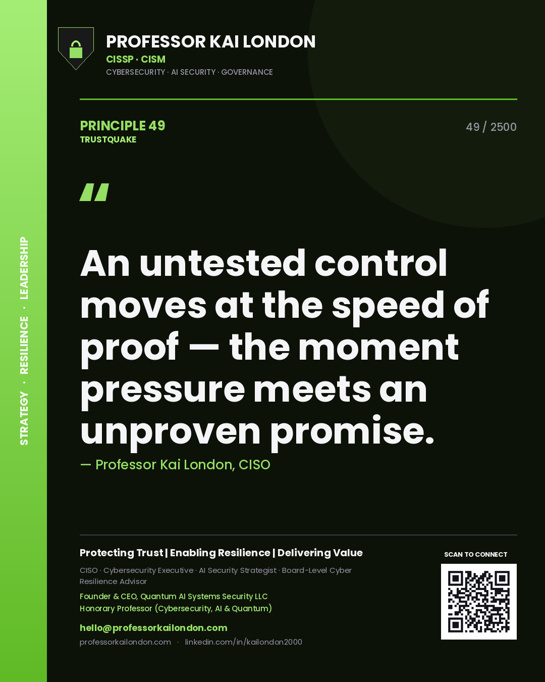Professor Kai London principle 49: An untested control moves at the speed of proof — the moment pressure meets an unproven promise.