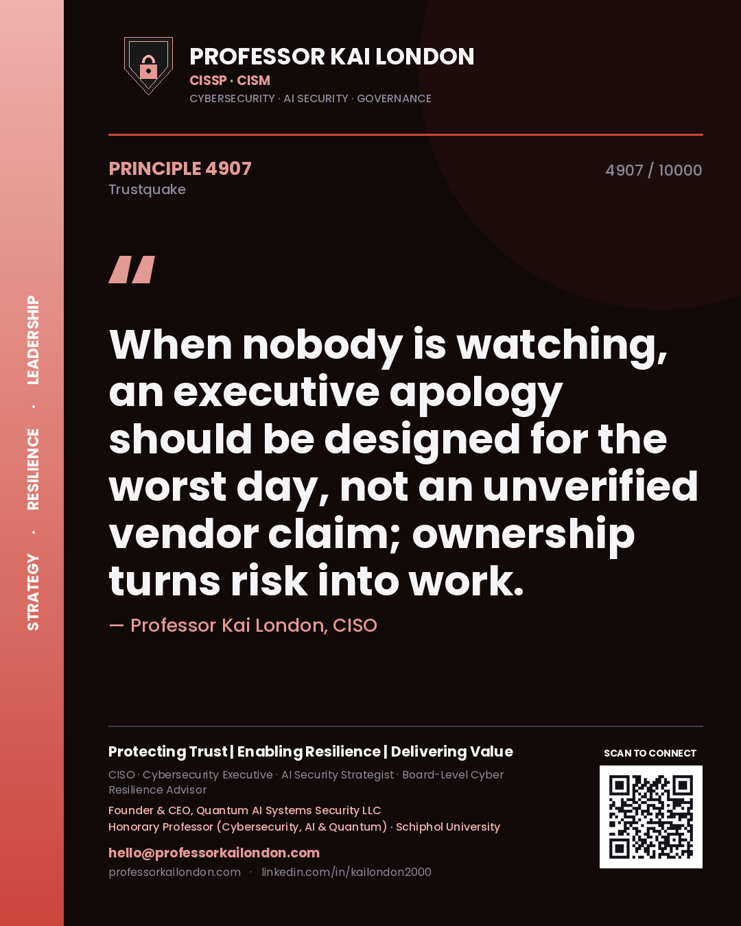 Professor Kai London principle 4907: When nobody is watching, an executive apology should be designed for the worst day, not an unverified vendor claim; ownership turns risk into work.