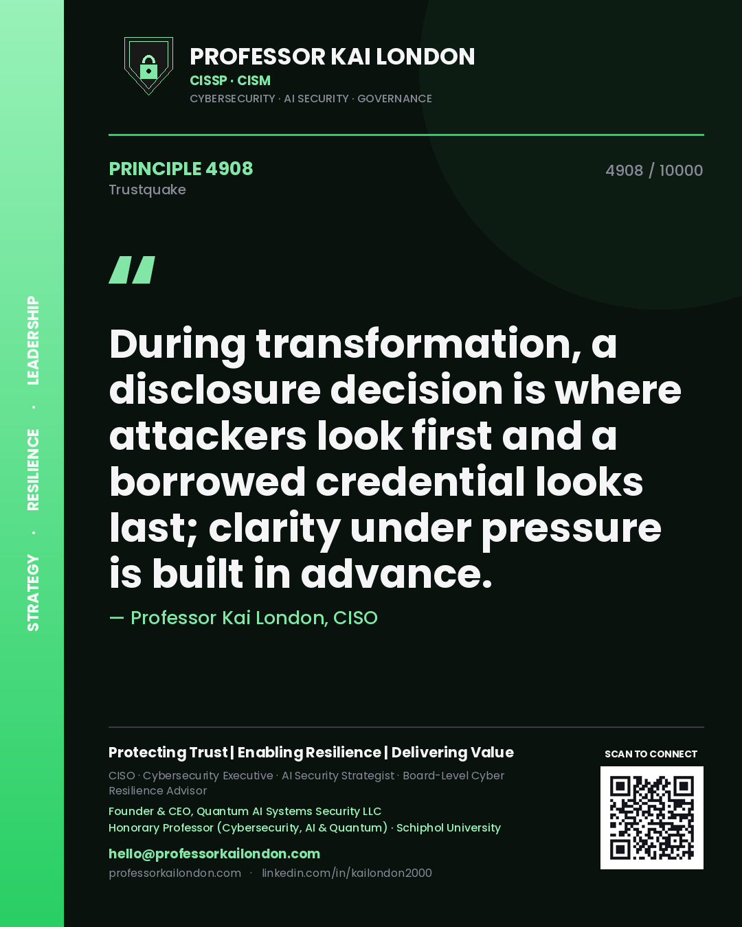Professor Kai London principle 4908: During transformation, a disclosure decision is where attackers look first and a borrowed credential looks last; clarity under pressure is built in advance.