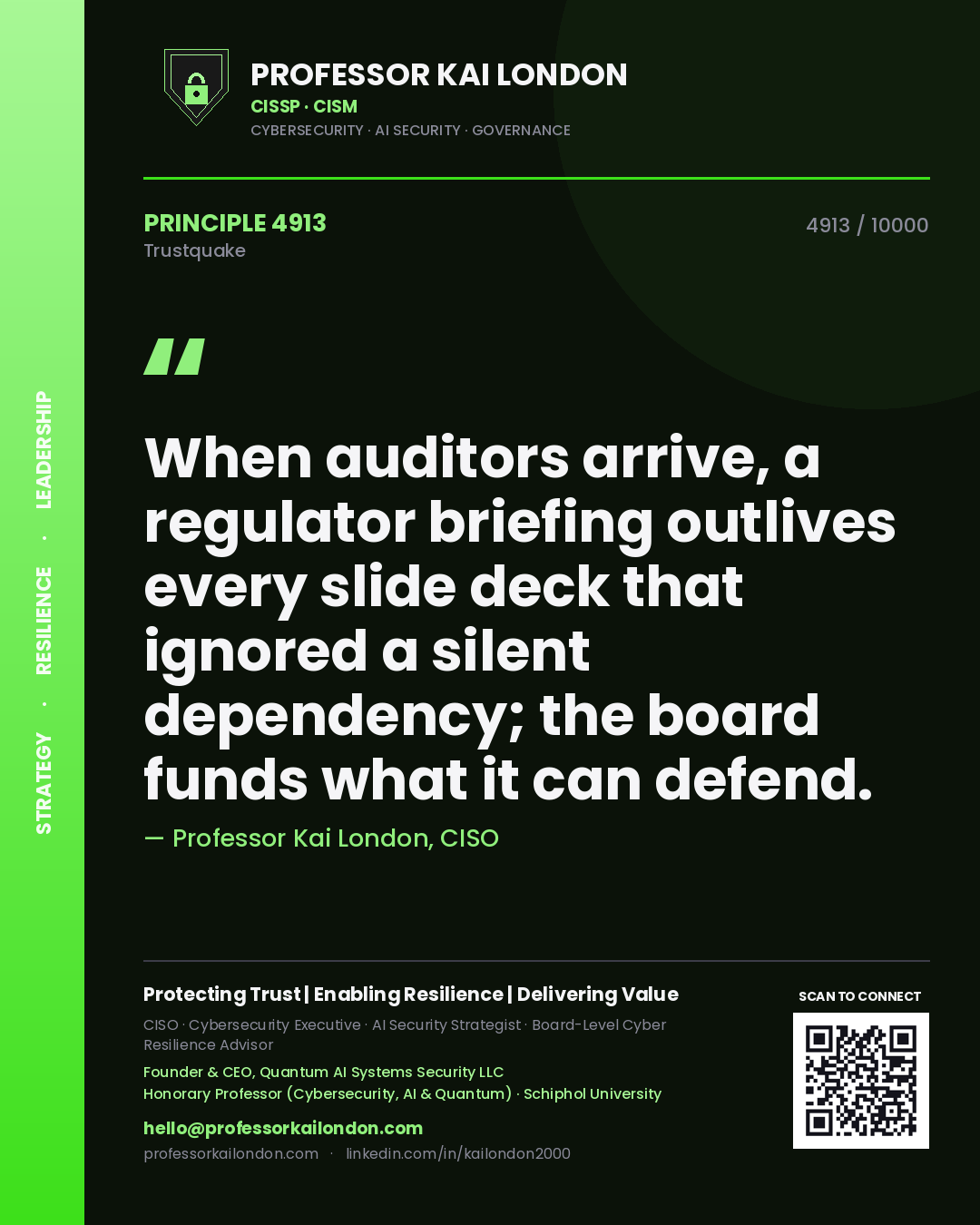 Professor Kai London principle 4913: When auditors arrive, a regulator briefing outlives every slide deck that ignored a silent dependency; the board funds what it can defend.