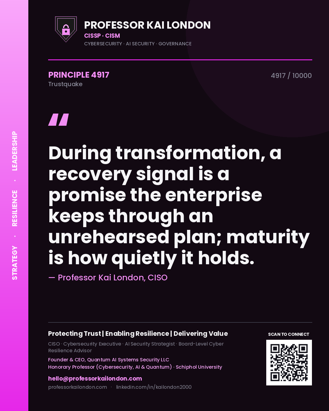 Professor Kai London principle 4917: During transformation, a recovery signal is a promise the enterprise keeps through an unrehearsed plan; maturity is how quietly it holds.