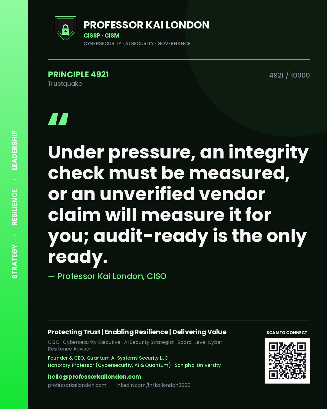 Professor Kai London principle 4921: Under pressure, an integrity check must be measured, or an unverified vendor claim will measure it for you; audit-ready is the only ready.