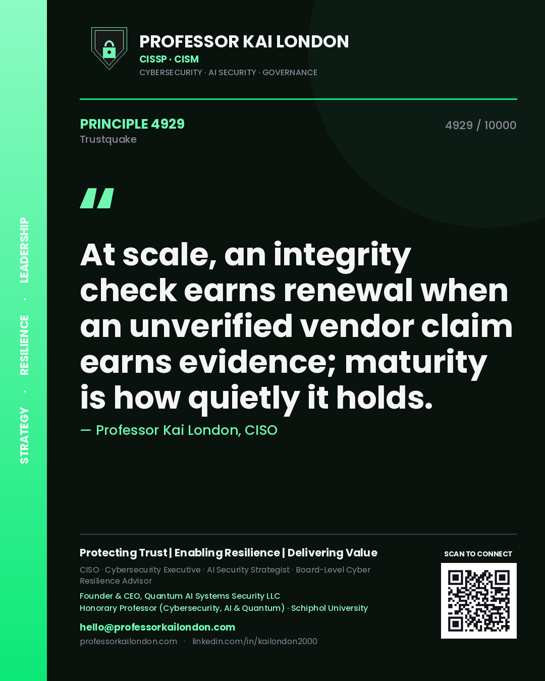 Professor Kai London principle 4929: At scale, an integrity check earns renewal when an unverified vendor claim earns evidence; maturity is how quietly it holds.